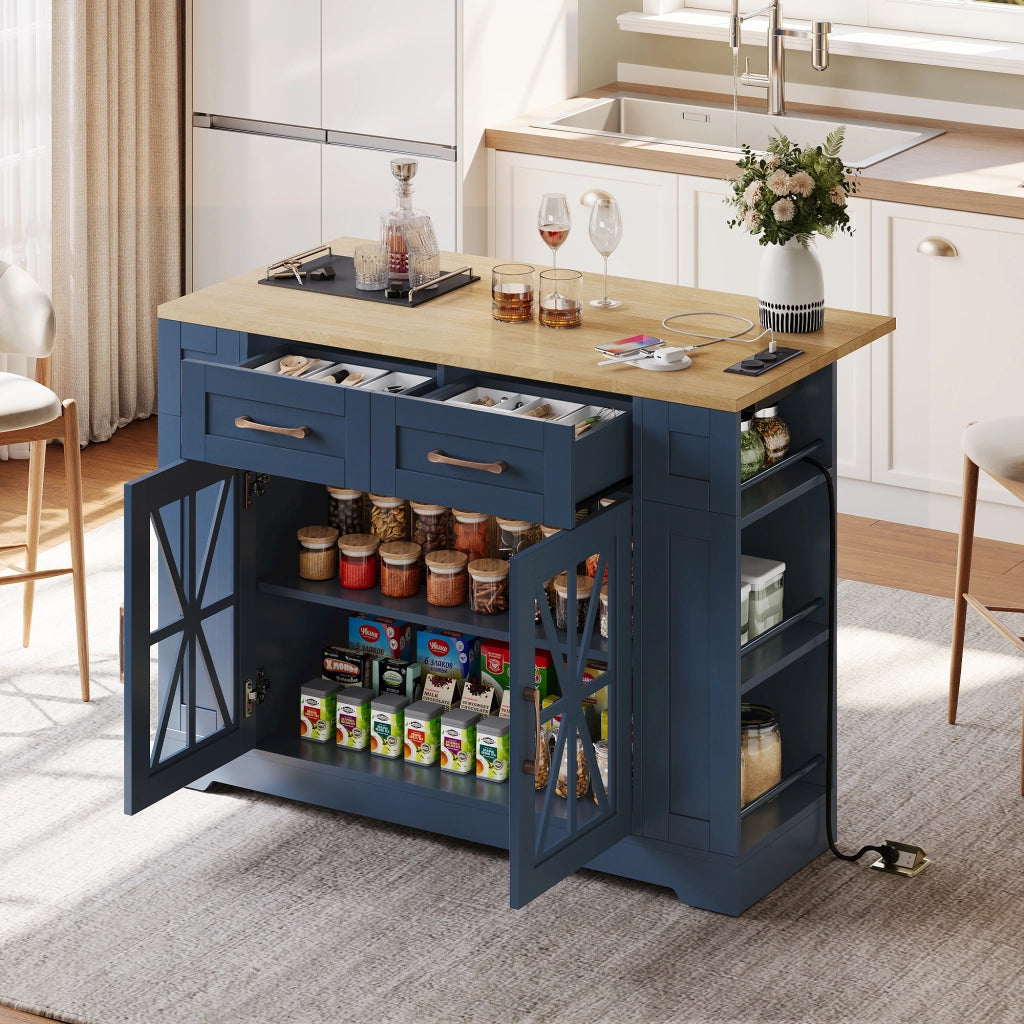 Carrello Da Cucina con 2 Ante in Vetro; 1 Cassetto; 6 Ripiani Aperti; Piano Pieghevole e Porte USB con Ruote; in MDF; 120 x 40 x 92 cm; Blu e Naturale