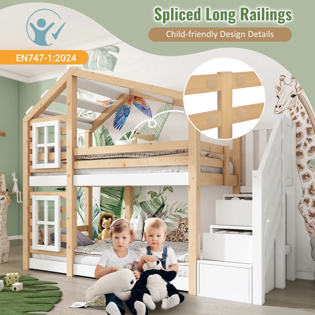 Letto a Castello Casetta 90 x 200 cm; 2 Posti; con Cassetti; in Legno e MDF; Naturale e Bianco