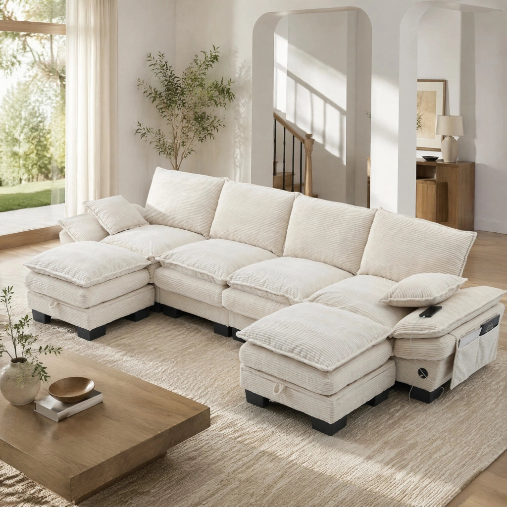 Divano modulare 4 posti con pouf, USB-C e tasche laterali, in velluto a coste, Beige, 330 × 132 × 84 cm
