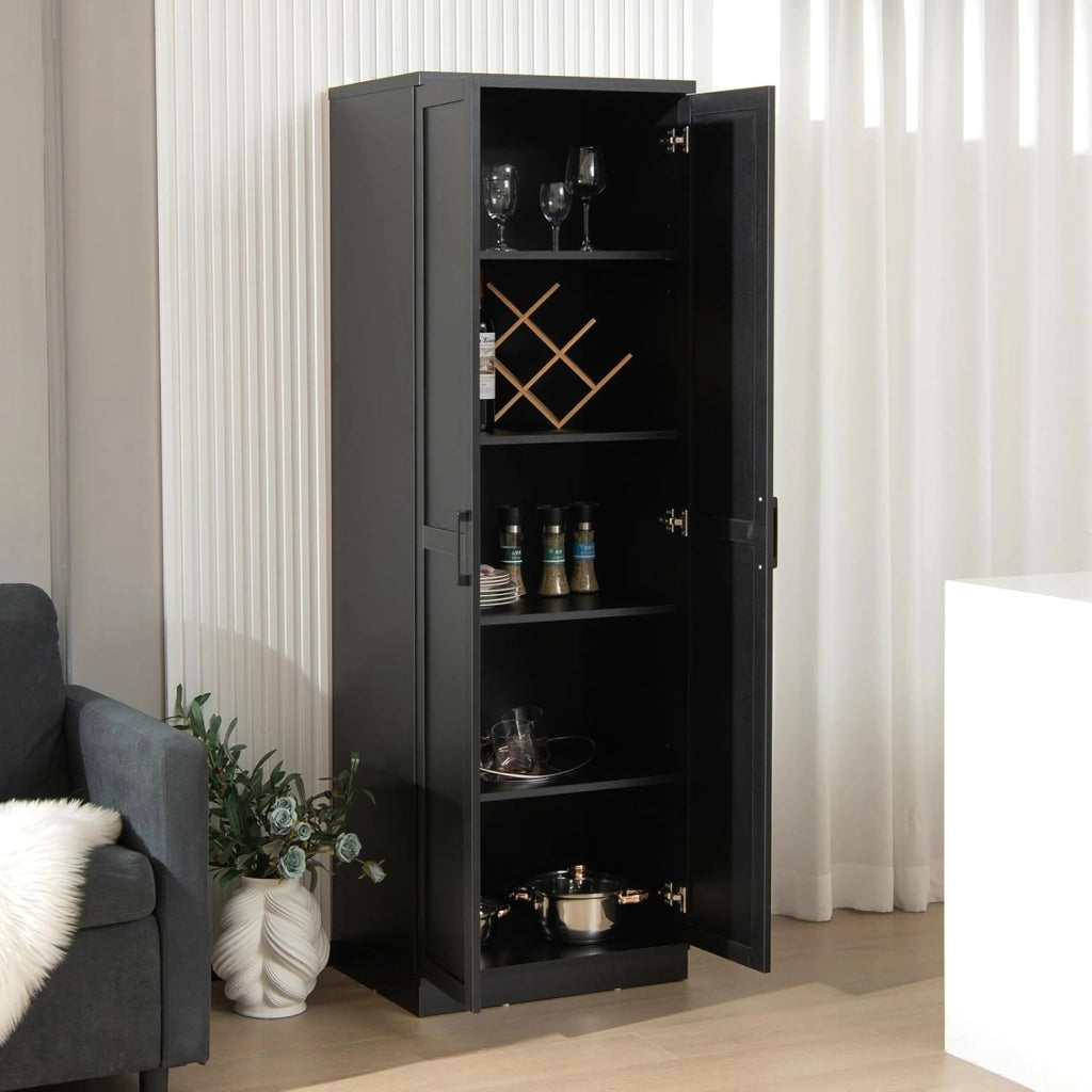 Armadio a doppia anta in legno con 2 assi regolabili, mola di stoccaggio, grande capacità, armadio alto, dispositivo antiribaltamento, 59 x 43 x 5 x 178 cm (nero), SI09929FQ+FR