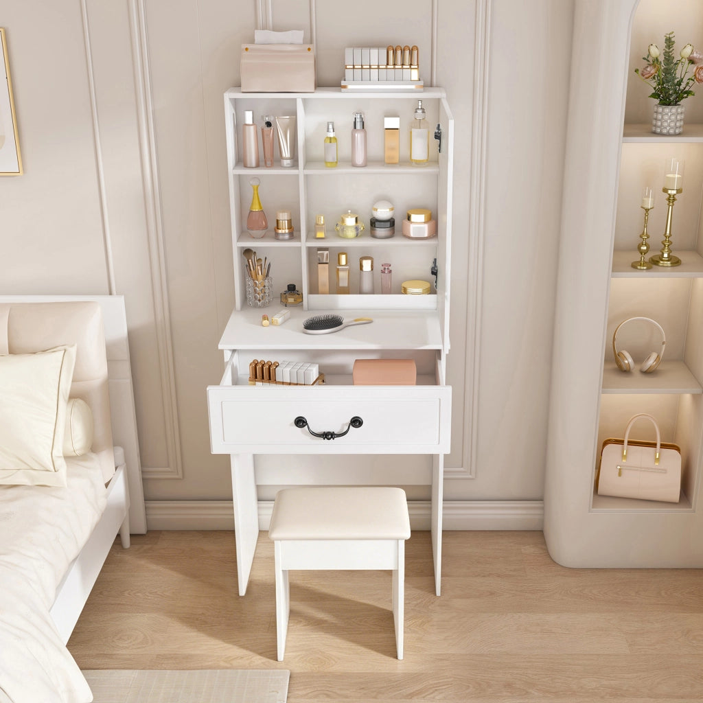Toeletta con specchio LED; vani contenitore e sgabello imbottito per camera da letto; in MDF; bianco; 60×36×131.5 cm