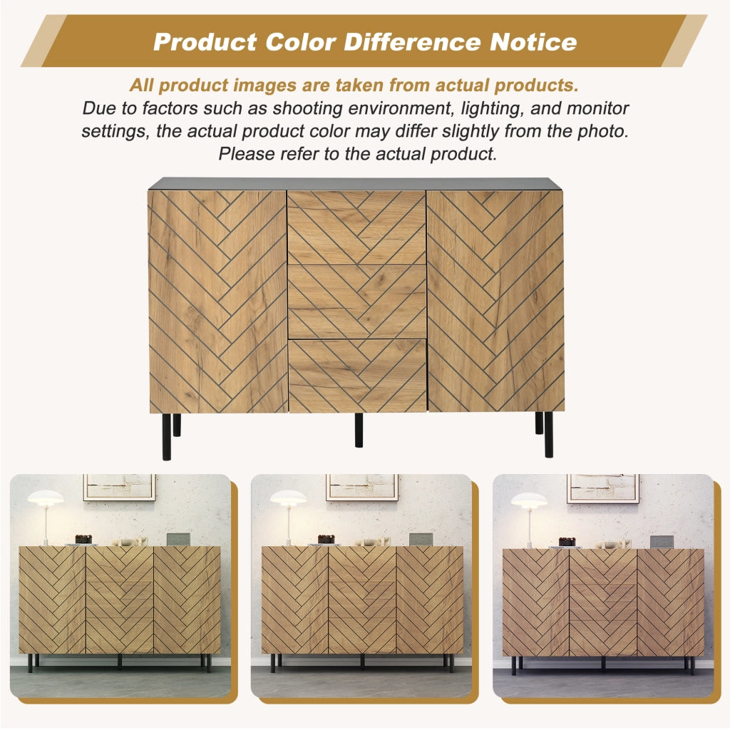 Credenza con 3 cassetti e 2 ante, in truciolato, effetto legno e telaio nero, per soggiorno, 120 × 40 × 76 cm