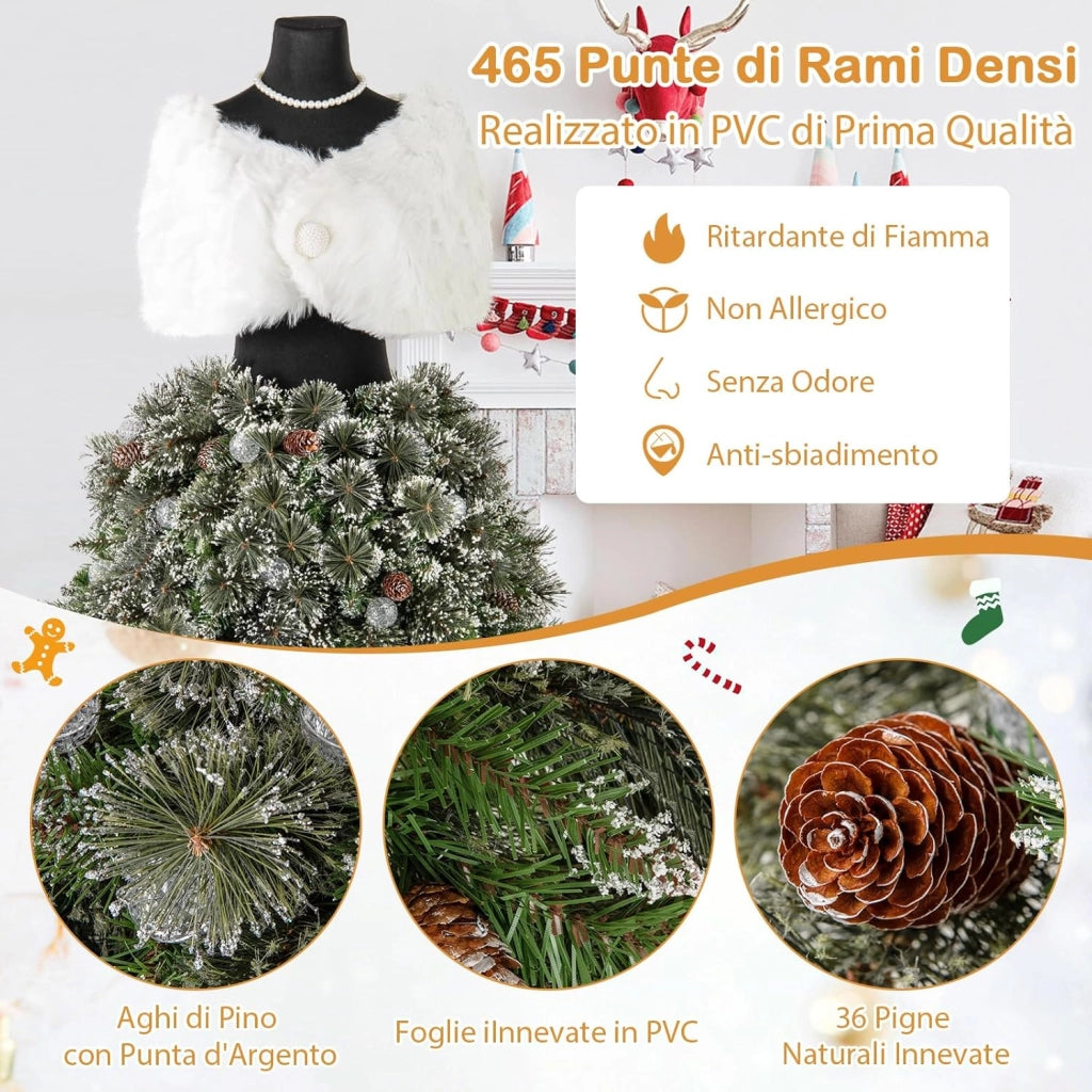 Albero di Natale Artificiale 150 CM con Manichino Pre-Illuminato, Albero di Natale a Forma di Abito con 465 Punte di Rami, 50 Luci a LED, 36 Pigne, Scialle, Collana