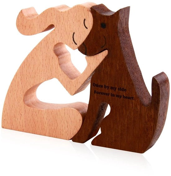 Scultura in Legno di Cane e Uomo per Ufficio e Soggiorno, Dimensioni 11 x 8,5 x 1,5 cm, Ideale per Amanti dei Cani, Famiglia e Amici
