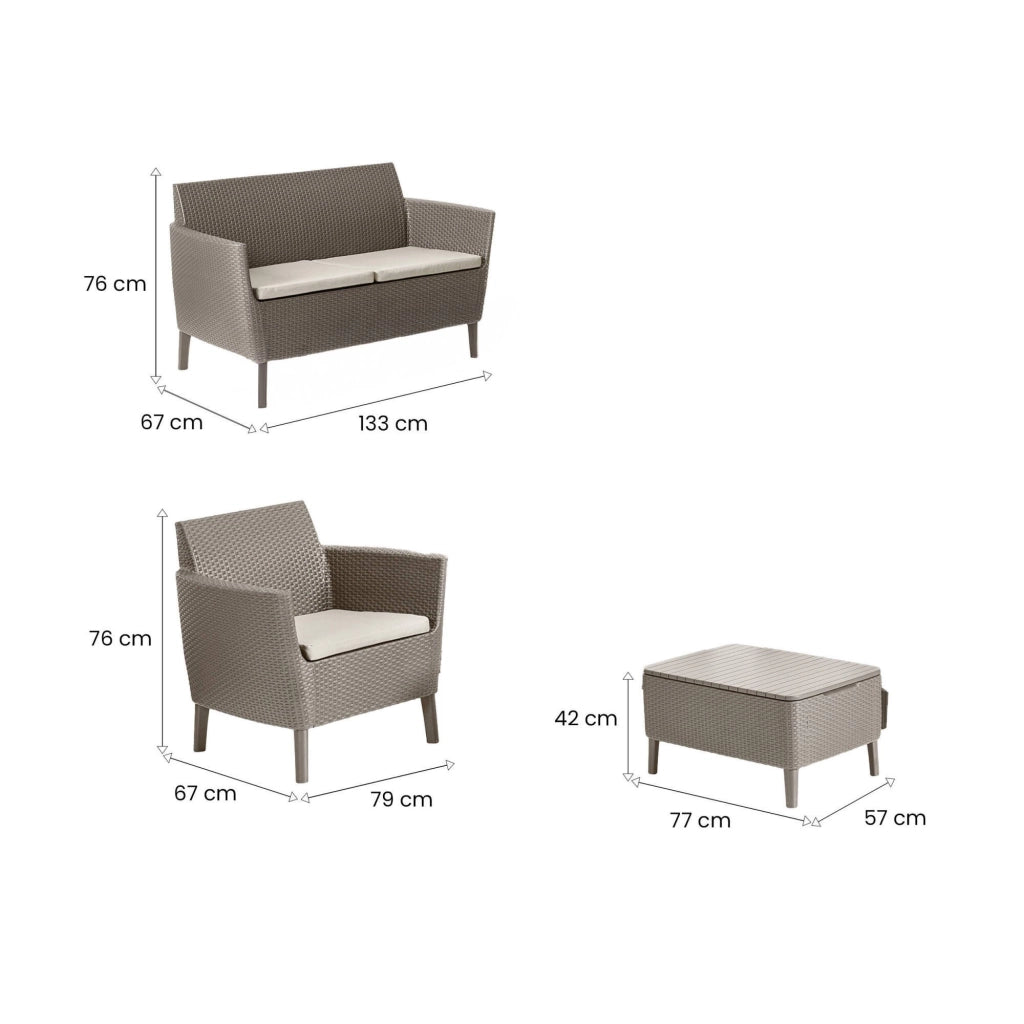 Set salotto da esterno Whitby, Salottino outdoor, Set da balcone o giardino, Composizione soggiorno per esterni, 133x67 h76 cm, Tortora