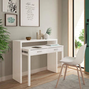 Consolle Andriy, Scrivania con piano estensibile, Scrittoio porta PC con 2 cassetti, cm 99x36h88, Bianco