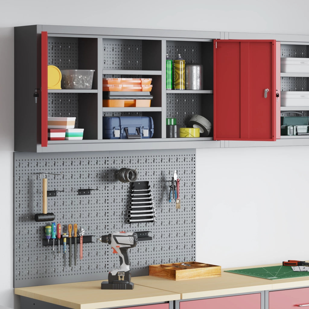 Set da Muro con Mobile per Attrezzi e Pannello Utensili a 3 Pezzi  Rosso Metallico