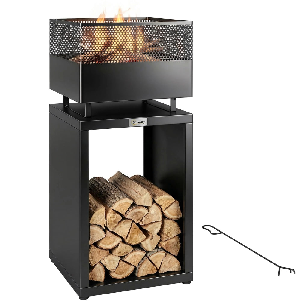 Braciere con Griglia e Deposito Legna 39x39x87 cm ¨C zephmum ¨C Nero