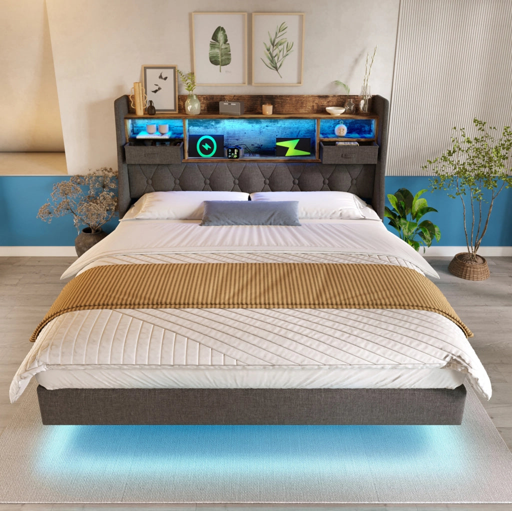 Letto 160x200 cm con LED; testiera portaoggetti e porta USB C; lino grigio