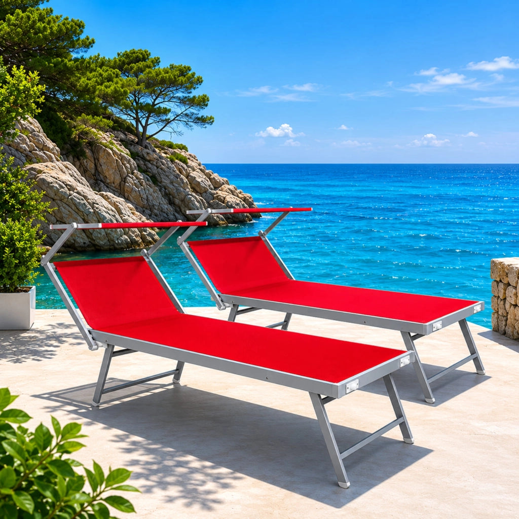 Set 2 Lettini Prendisole Pieghevoli Professionali In Alluminio Leggero Con Tettuccio Parasole Regolabile Sdraio Relax Mare Spiaggia Piscina Giardino Terrazza 182 x 60 x 38 Cm Rosso