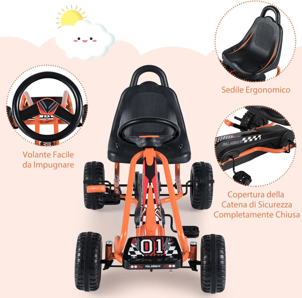 Go Kart a Pedali per Bambini, Go Kart Veicolo con Sedile Regolabile e Freno a Mano, per Bambini 3-6 Anni, Portata Massima 30 kg (Arancia)