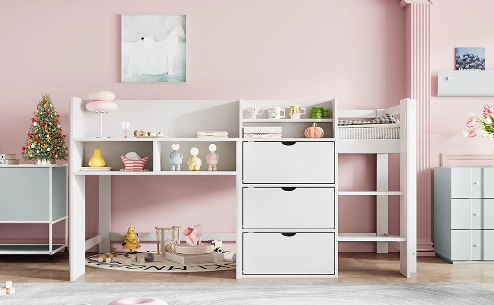 LETTO a soppalco 90x200 cm con ripiani e vani chiusi in pino bianco