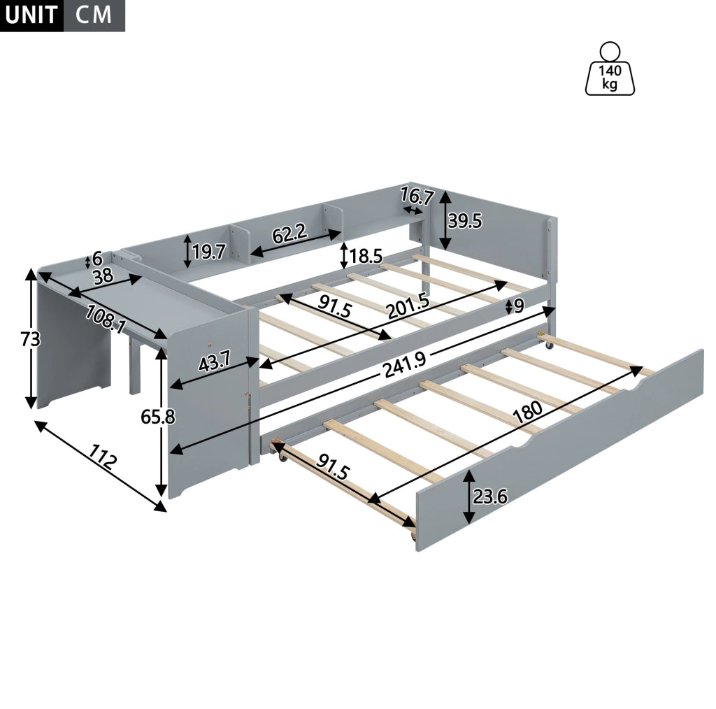 Letto per bambini 90x200 cm con letto estraibile; scrivania e ripiani laterali in legno e MDF grigio