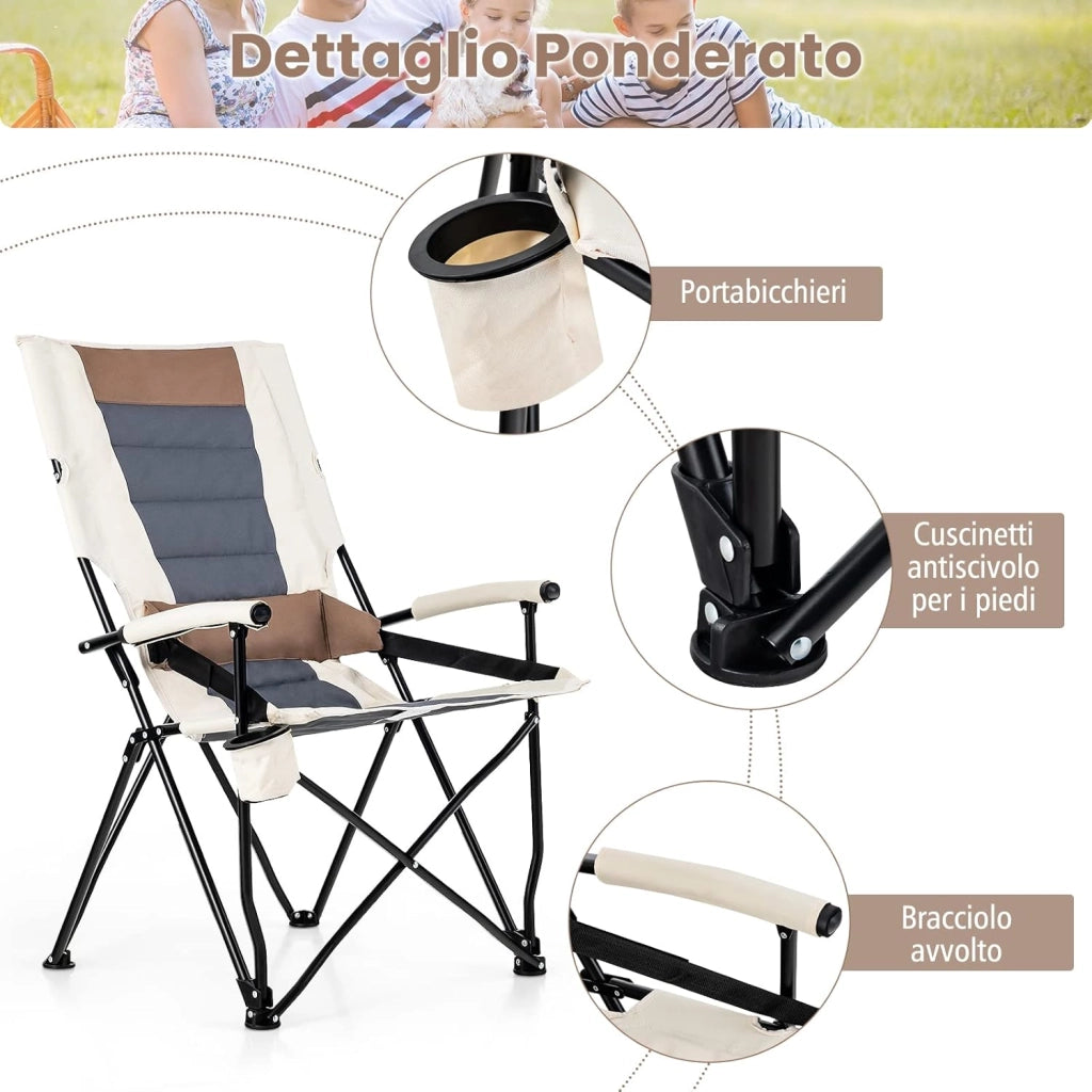 Sedia da Campeggio Pieghevole Portatile, Sedia da Campeggio Imbottita 150 KG con Portabicchieri Braccioli Cuscino Struttura in Metallo, Sedia Portatile da Esterno Pesca Giardino Campeggio