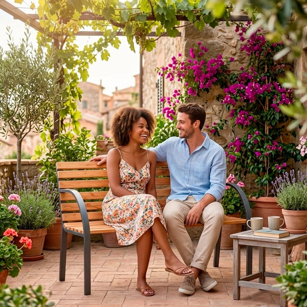 Panchina Da Giardino 2 Posti In Legno Di Abete E Acciaio Verniciato Panca Da Esterno Design Moderno Resistente Con Braccioli Comoda Per Terrazzo Balcone E Giardino 119.5 x 62 x 83 Cm