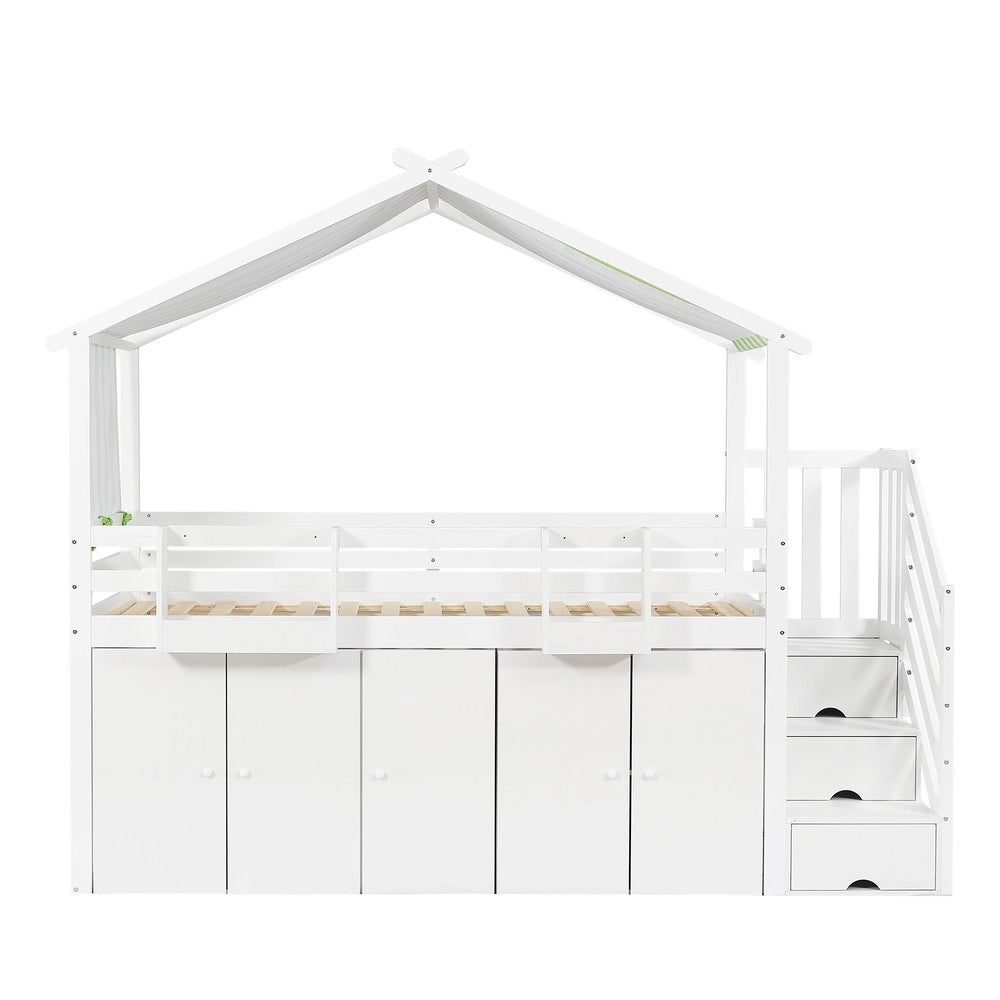 Letto a Castello Bambini con Armadio e Cassetti ¨C Xylo ¨C Pino MDF Multistrato, Bianco Verde, 90x200