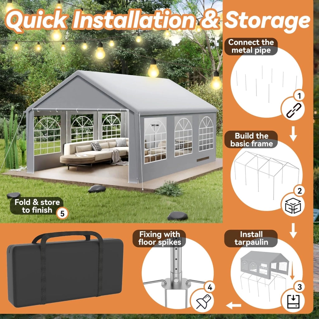 Gazebo per feste, 4 x 6 m, con 8 pareti laterali rimovibili, impermeabile, stabile, impermeabile, protezione solare, gazebo da giardino, tenda da giardino, colore grigio