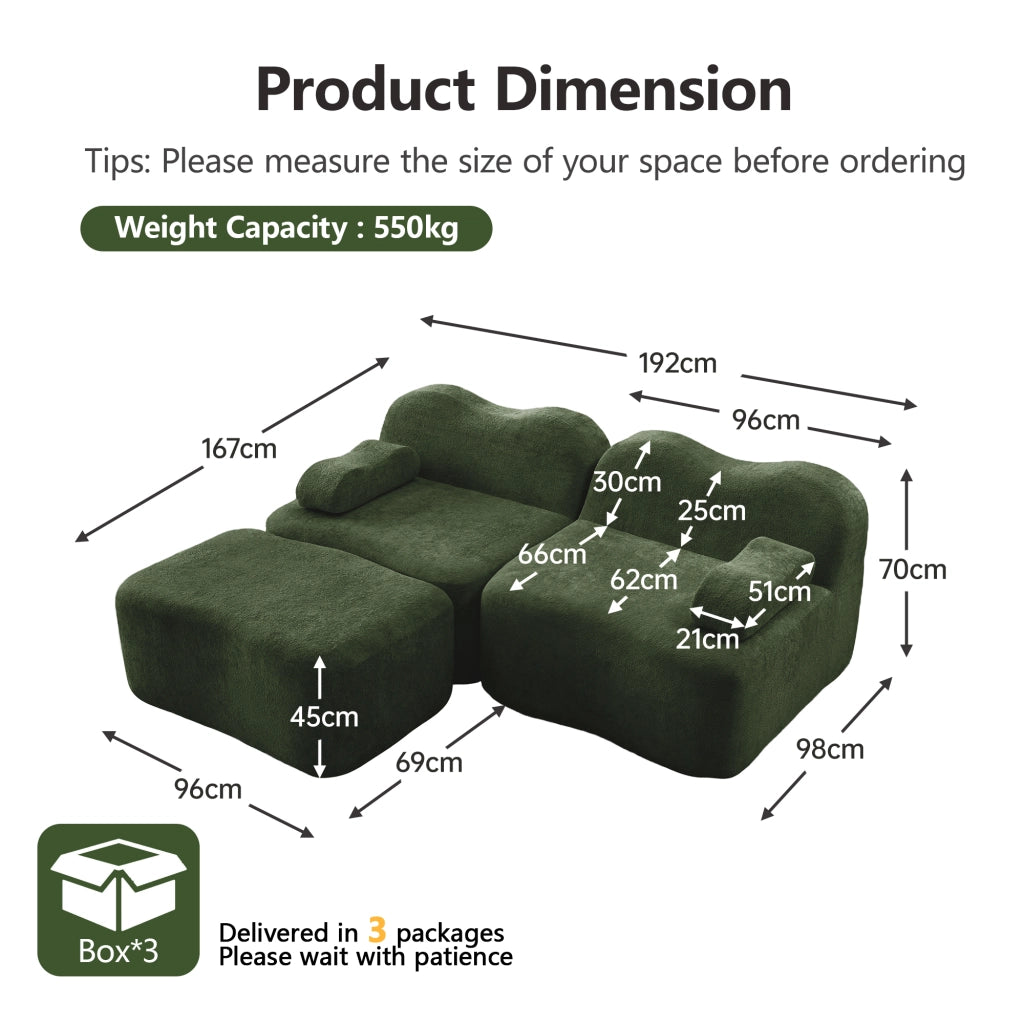 Divano angolare modulare senza struttura con pouf e cuscino bracciolo mobile in velluto verde per casa