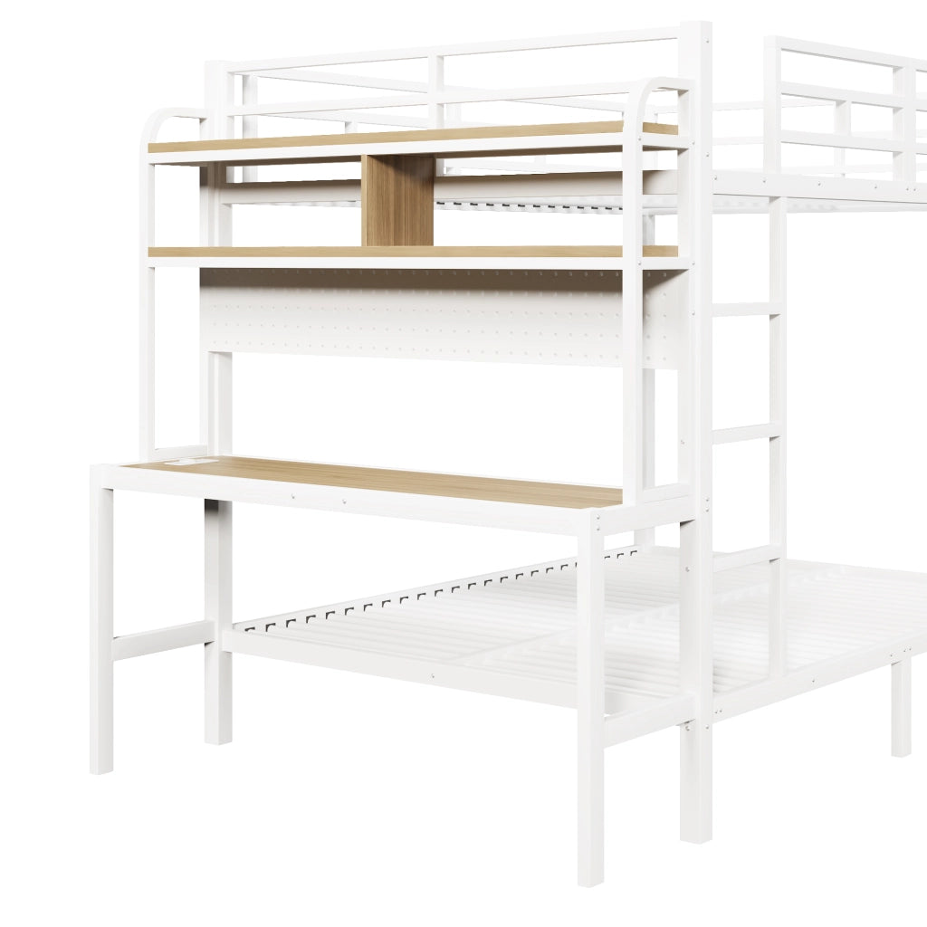 Letto a castello, 140 x 200 cm, struttura in ferro, con ripiano portaoggetti, scrivania, luce a LED, presa USB, bianco