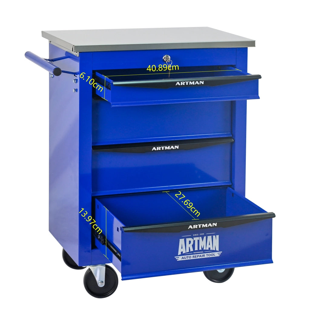 Carrello porta attrezzi con 4 cassetti e ruote piroettanti per garage e officina in acciaio nero e blu 62.5 × 34.5 × 78 cm