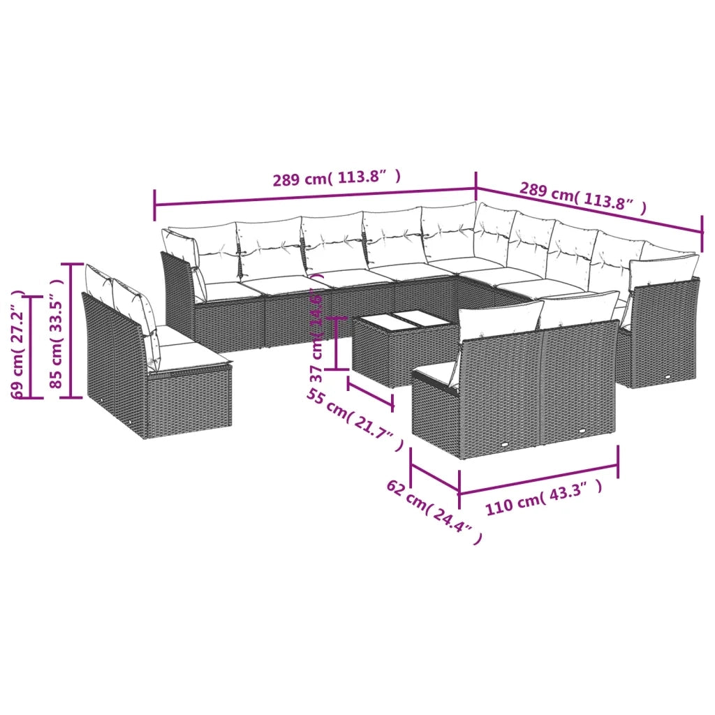 Set Divani da Giardino 14pz con Cuscini in Polyrattan Nero 3250335