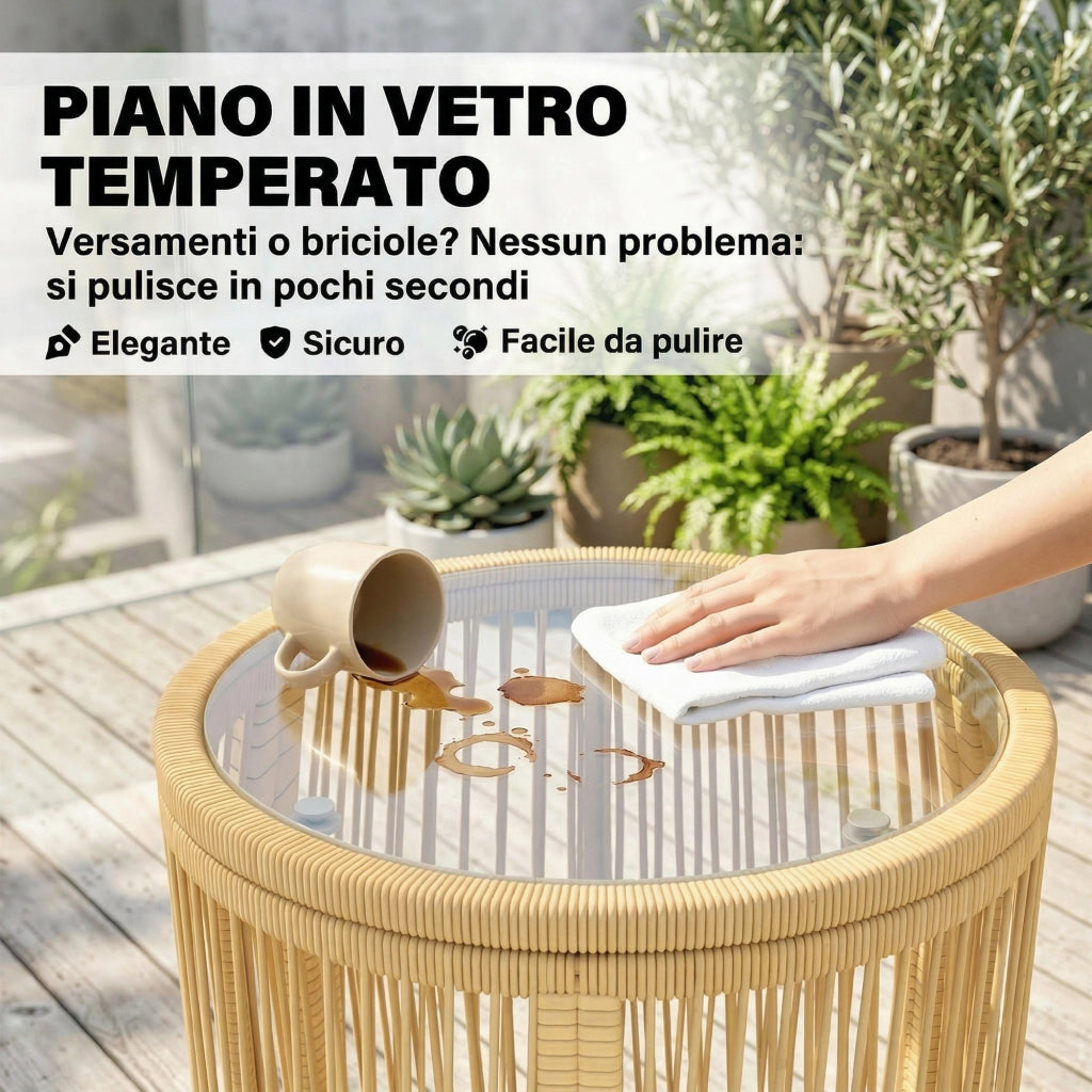 Set da Bistr¨° 3 Pezzi in Rattan e Acciaio ¨C zephmum ¨C Beige, Vetro Temperato