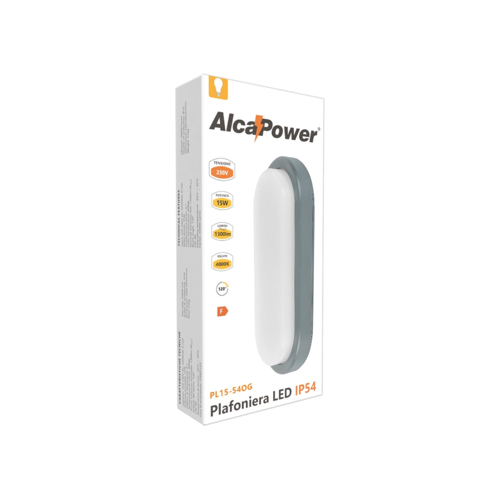 Alcapower Plafoniera LED Ovale 15W 1300lm 4000K IP54 Grigia, Luce Naturale per Interni ed Esterni, Design Resistente agli Agenti Atmosferici