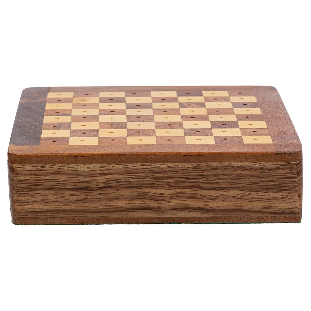 Gioco 3/11 (scacchi+domino+dadi) in scatola, legno marrone 15,5x16x3