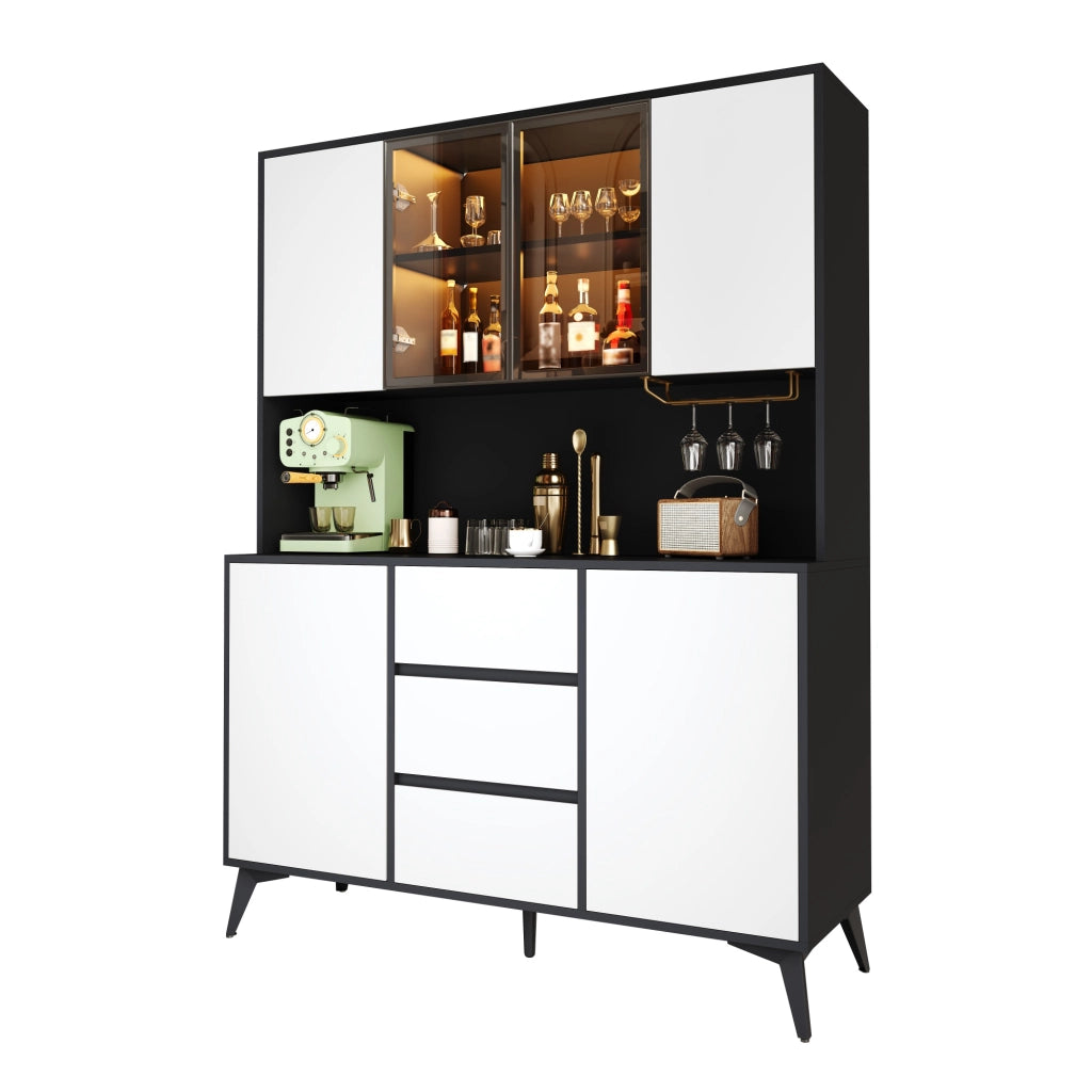 Hochschrank con vetrina in vetro, LED regolabile via app, 2 ante, 3 cassetti, MDF nero e bianco
