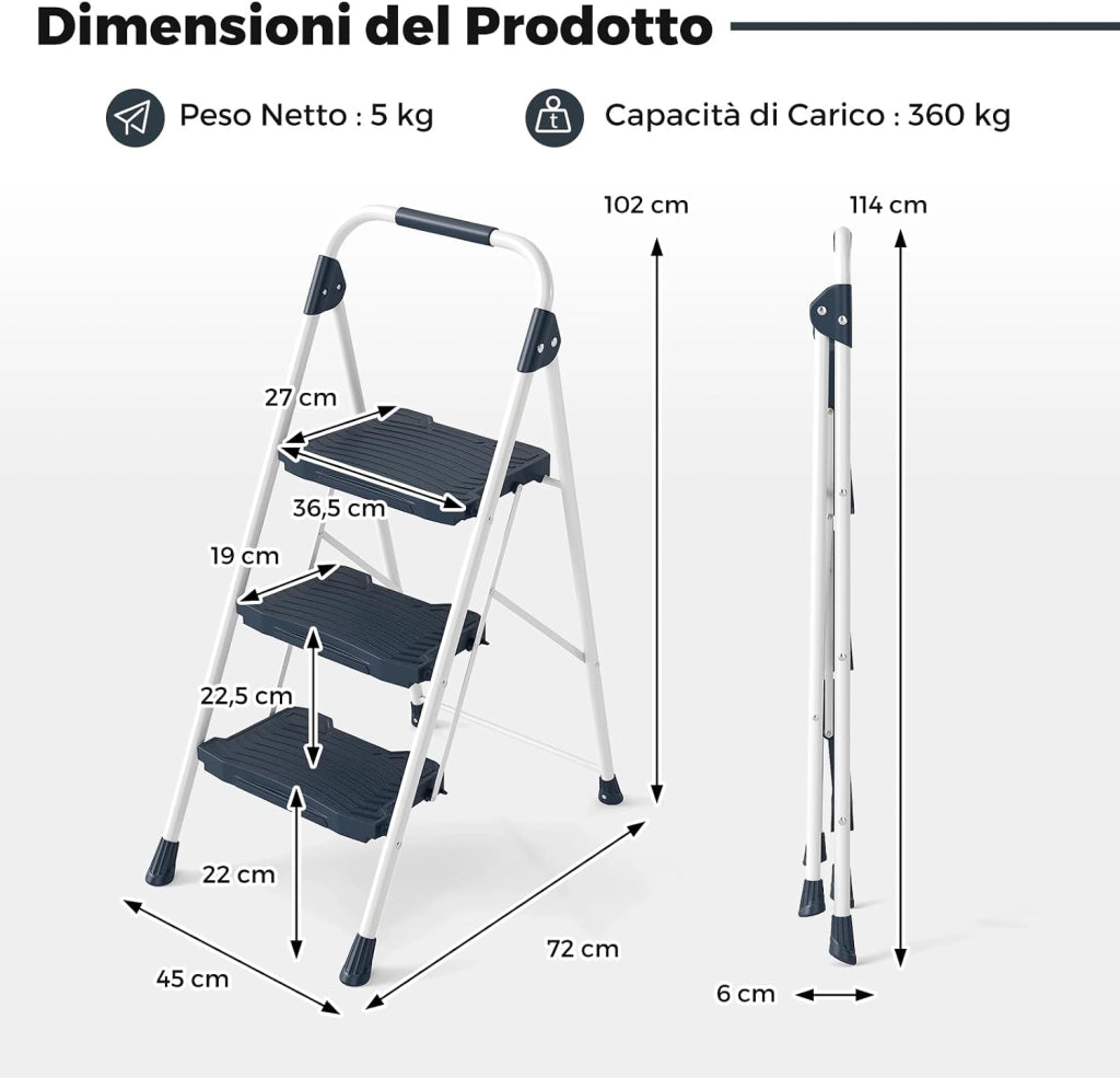 Scala a 3 Gradini, Scaletta Pieghevole in Acciaio con Corrimano Imbottito, Pedale Antiscivolo e Blocco di Sicurezza, per Cucina, Giardino e Ufficio, Portata 360 kg (Blu + Bianco)
