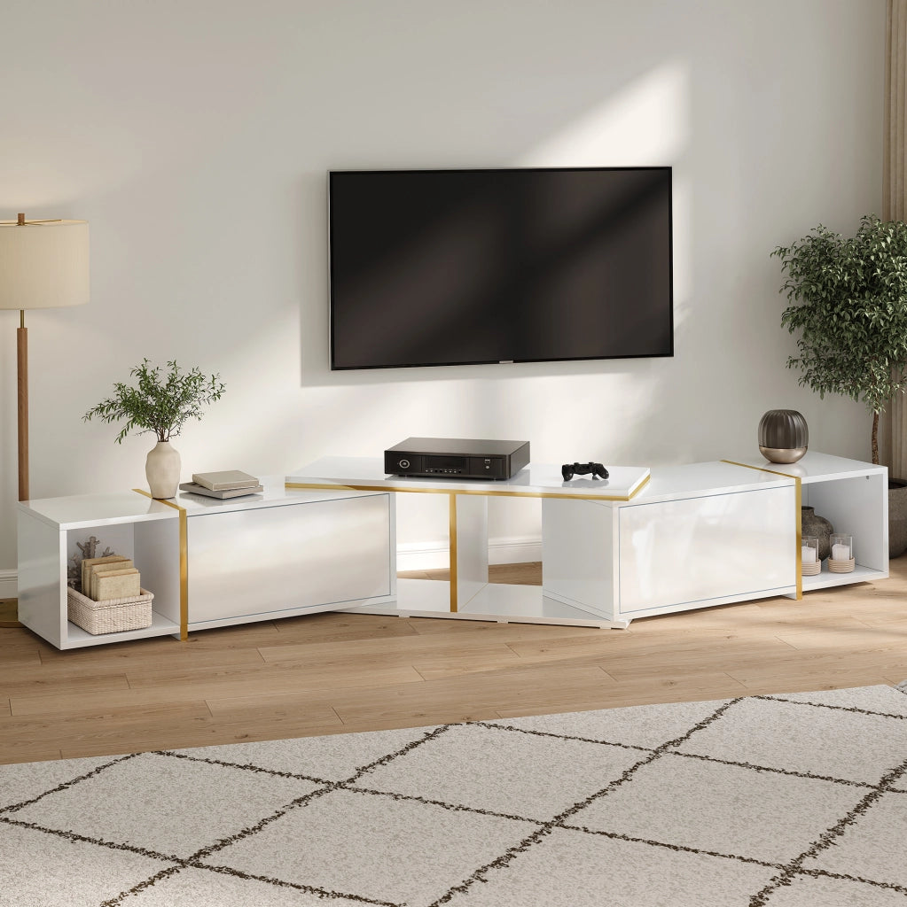 TV lowboard estensibile con fronti lucide; 275 cm; pannello truciolare; bianco