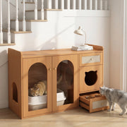 Mobile multifunzione per gatti 5 in 1 con zona lettiera, area riposo, ciotole e vani contenitore, effetto noce, 120x45x83 cm