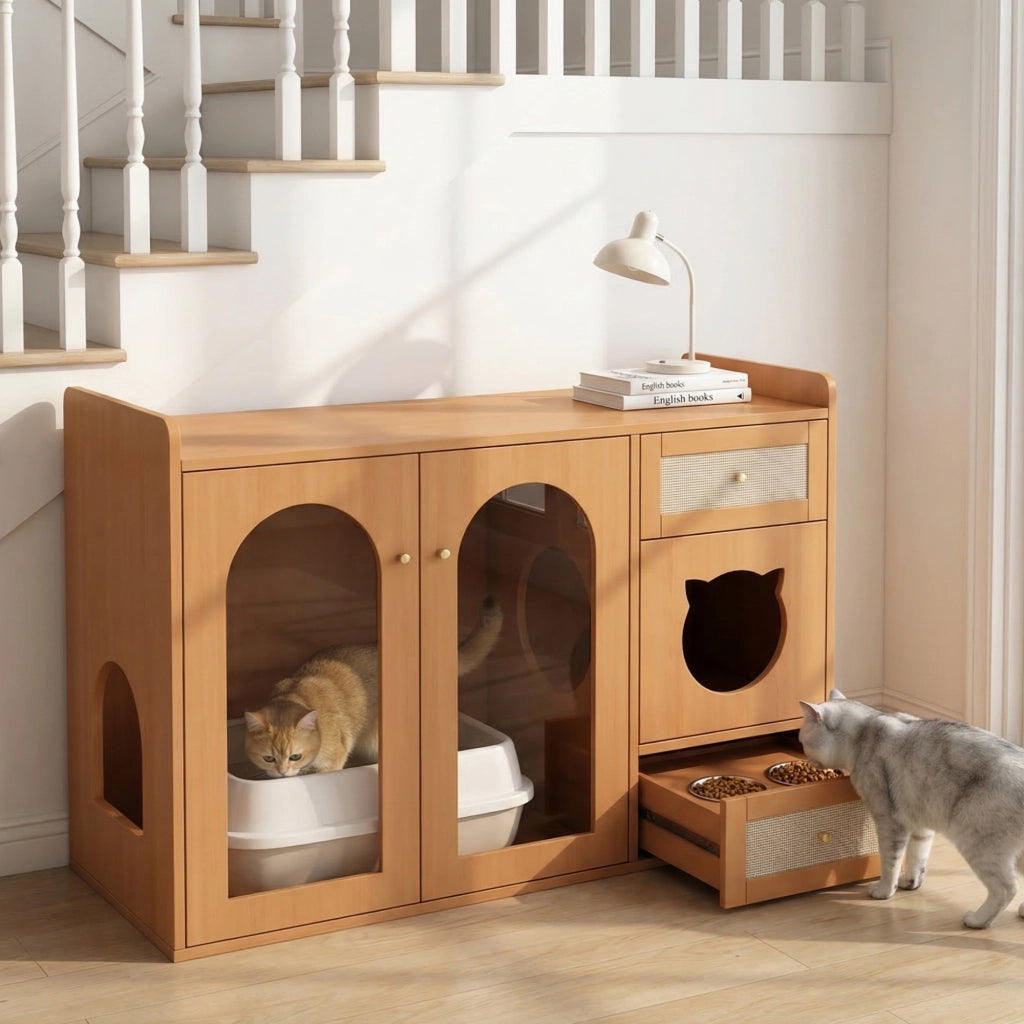 Mobile multifunzione per gatti 5 in 1 con zona lettiera, area riposo, ciotole e vani contenitore, effetto noce, 120x45x83 cm