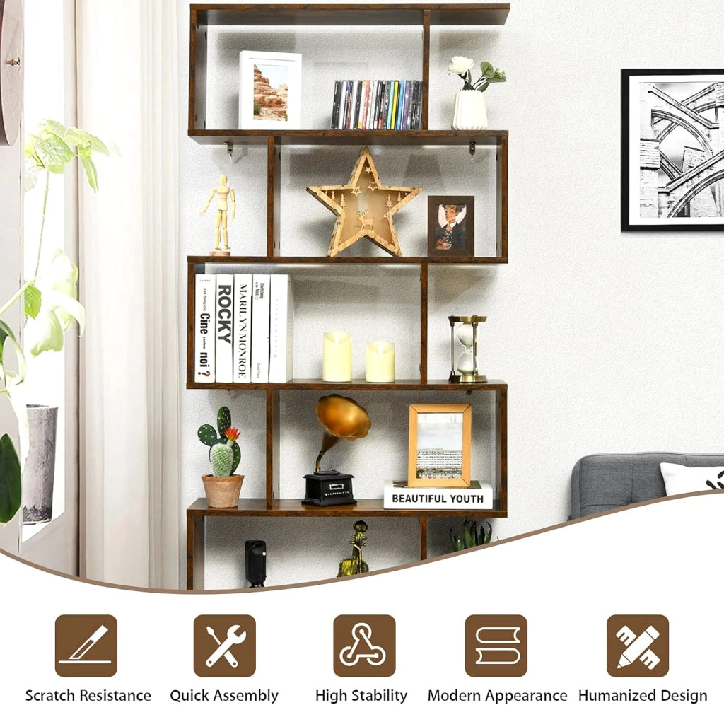 Libreria a Forma di S, Scaffale con 6 ripiani, Libreria in Legno a 6 Livelli, Scaffale per Libri, Libreria Multifunzionale, con Design di Antiribaltamento, 80 x 23 x 191 cm (Marrone)