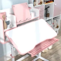 Set Scrivania e Sedia per Bambini Regolabili, Banco Scuola con Piano Inclinabile, Cassetto, Scaffale, Rosa