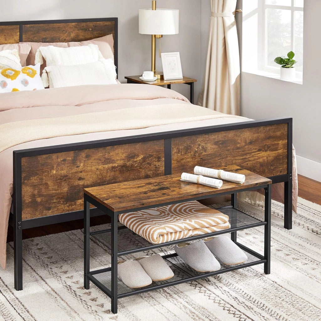 VASAGLE Panca Scarpe, 80 x 30 x 44,5 cm, scarpiera a 2 livelli in rete, portaoggetti Scarpe, per ingresso, metallo, stile industriale, marrone rustico e nero LBS74X