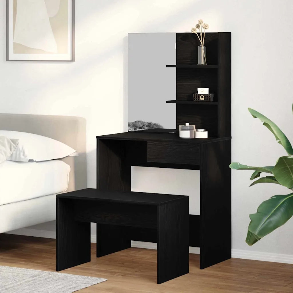 Set Tavolo da Trucco 2 pcs Rovere Nero Legno multistrato 3333071