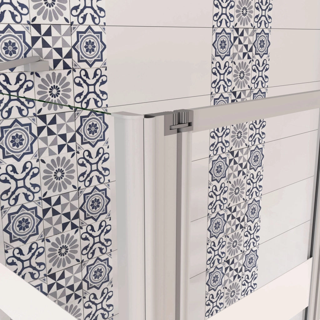 Sopravasca 130×140cm Vetro 4mm Temperato Bianco 3 Ante Pieghevoli a Libro con Lato Fisso 65x140 cm Profilo Argento Opaco Verso Sinistro