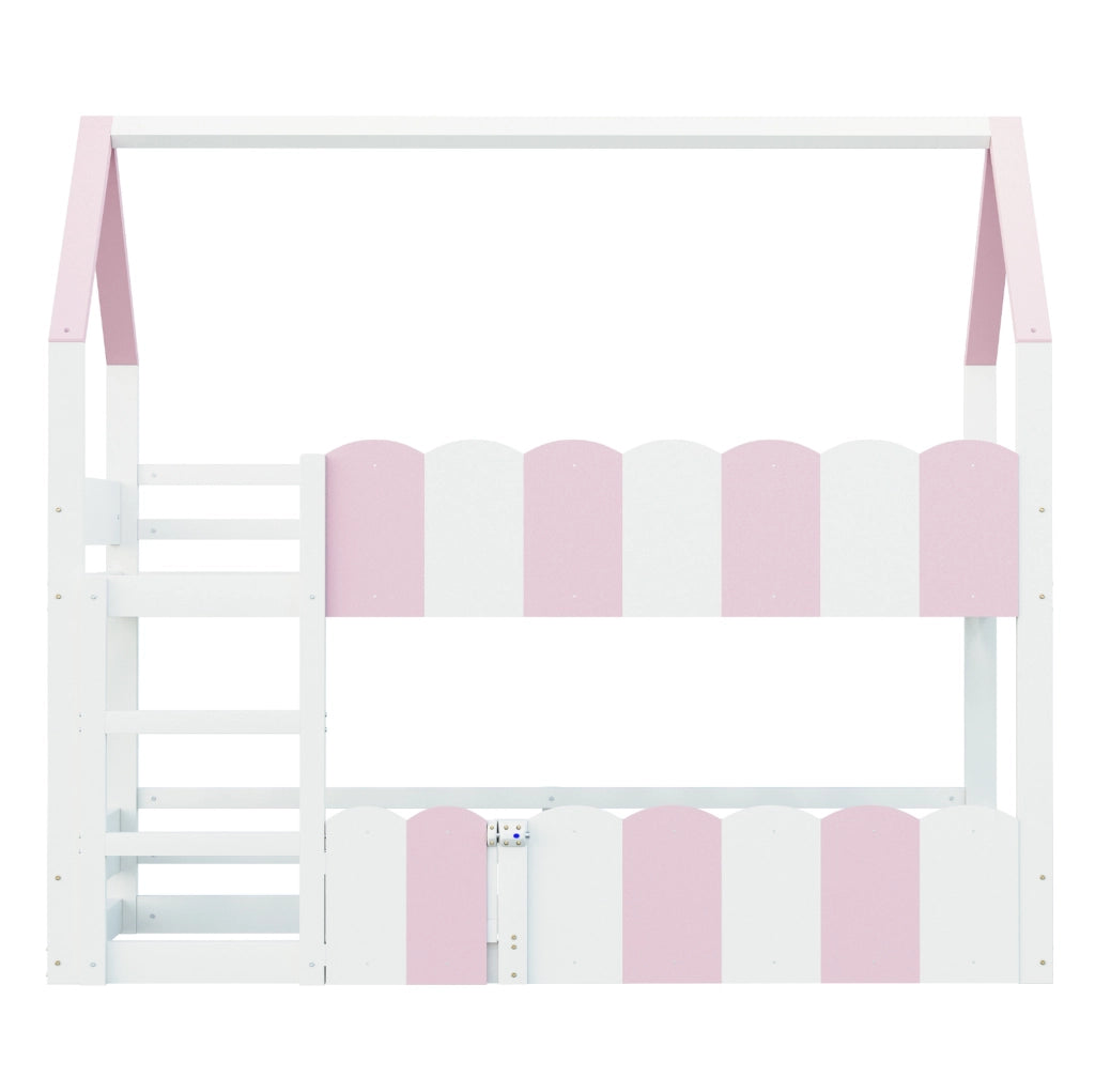 Letto a castello ULEVR 90x200 cm a forma di casa con scala e sponde di sicurezza, rosa e bianco