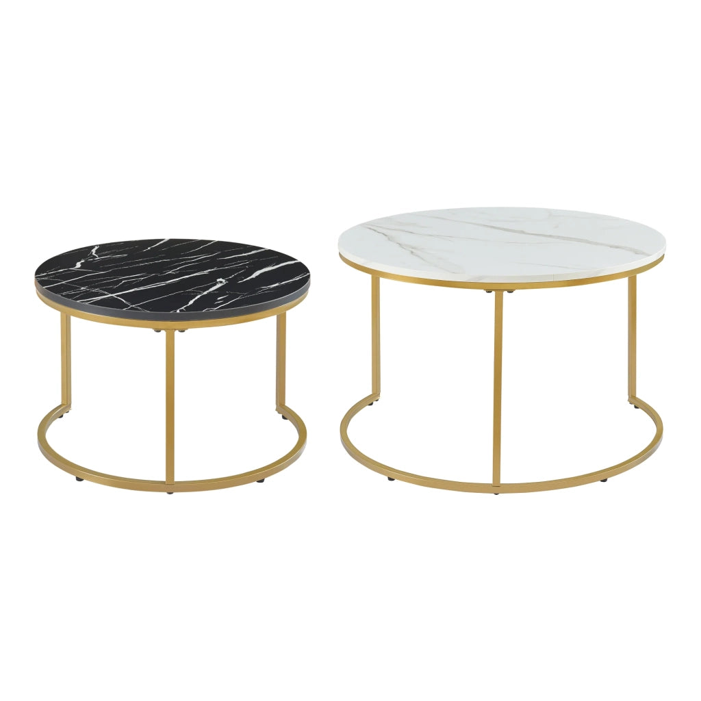 Set di 2 tavolini rotondi impilabili effetto marmo bianco nero e oro 03_0010597