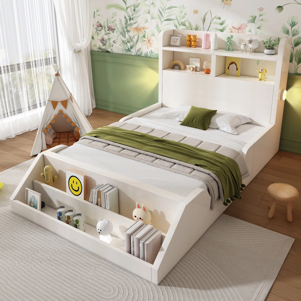 Letto singolo 90x200 cm in legno bianco con luci notturne