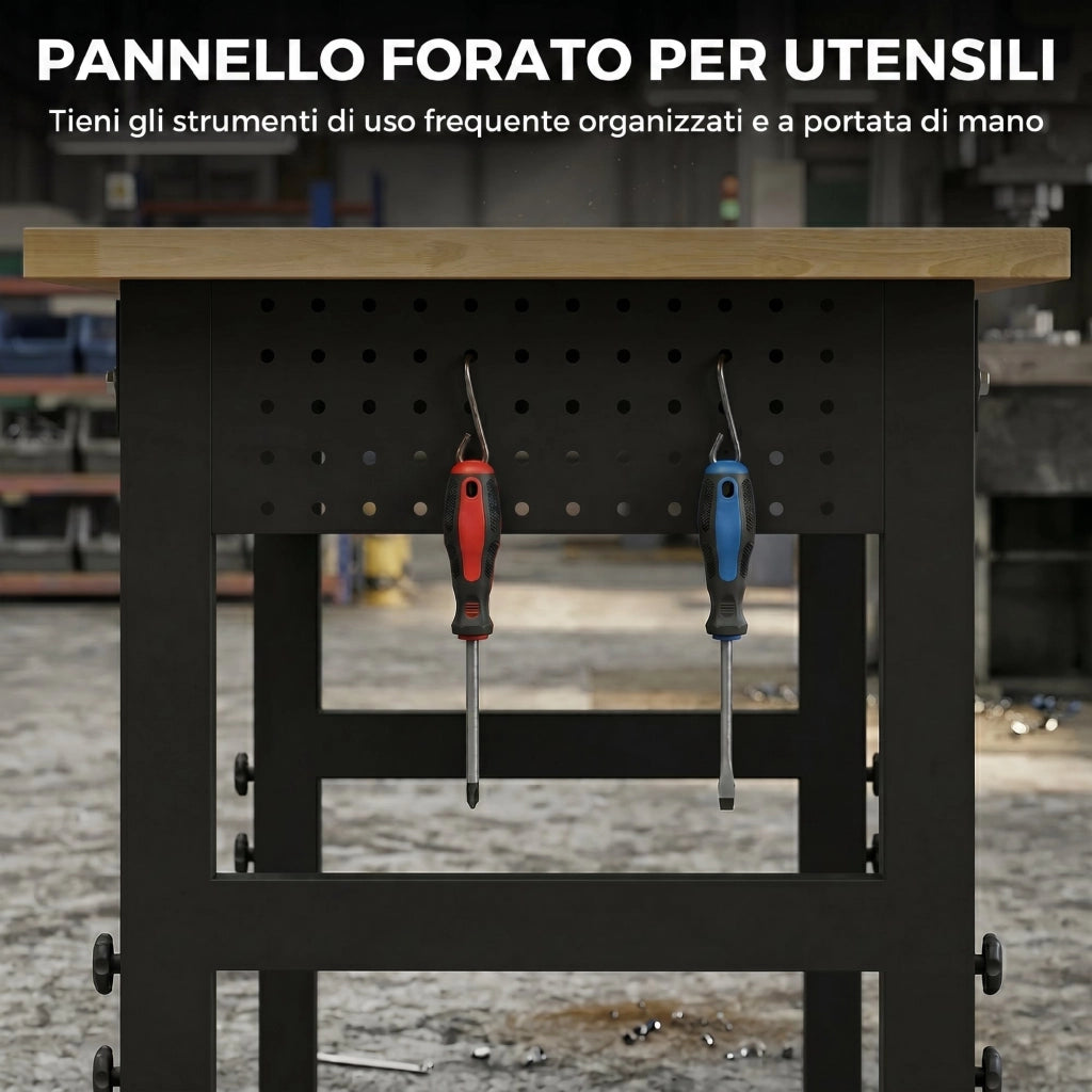 Banco da Lavoro in Legno e Acciaio Altezza Regolabile. 2 Prese AC. Capacit¨¤ 900 kg. Color Legno e Nero