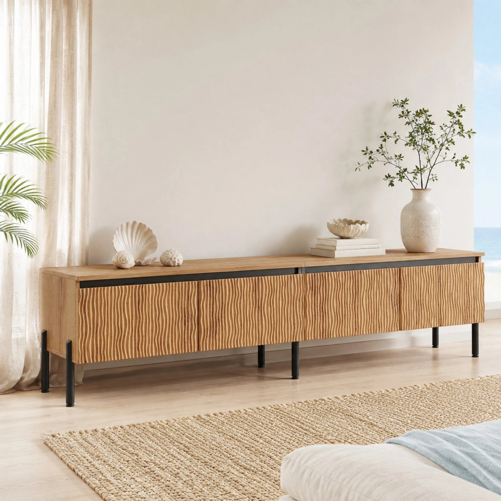 Mobile TV 180 cm naturale con 4 ante ondulate e passacavi