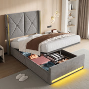LETTO Contenitore 90x200 cm in velluto grigio scuro con USB, LED e tasche laterali