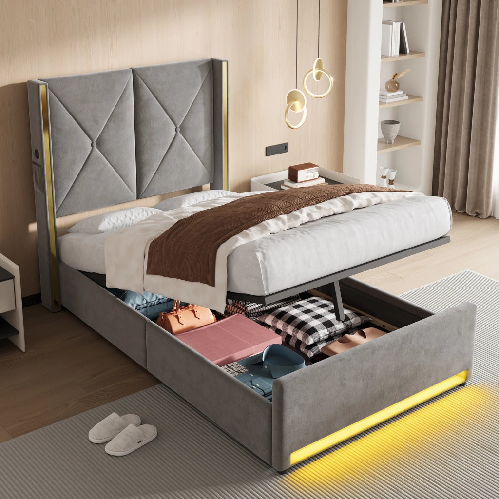 LETTO Contenitore 90x200 cm in velluto grigio scuro con USB, LED e tasche laterali