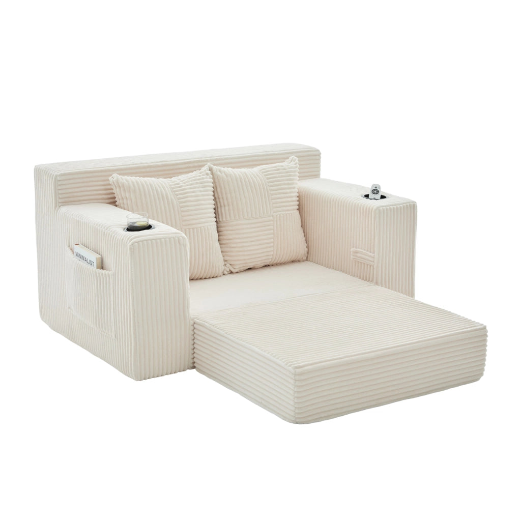 Divano pouf in velluto a coste beige con tasche laterali e 2 cuscini HOMVRA