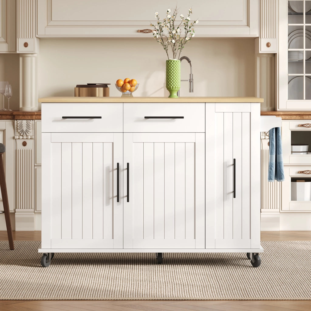 Carrello da Cucina con 2 Cassetti; Vano Estraibile a 3 Livelli; Piano Ribaltabile e Ruote; 120 x 40(65) x 90 cm