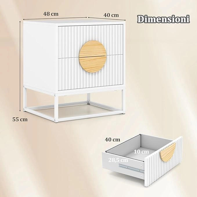 Comodino a 2 Cassetti, Tavolino con Maniglie in Legno di Pino e Struttura in Metallo, Cassettiera Salvaspazia Moderna per Camera da Letto e Soggiorno, 48 x 40 x 55 cm