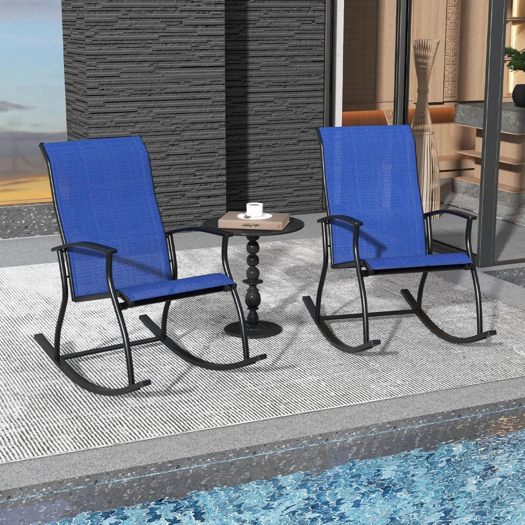Set di 2 sedie a dondolo per giardino, sedie a dondolo da esterno, con schienale ergonomico e sedile traspirante, tessuto resistente all'usura, per terrazza, patio, piscina, colore blu
