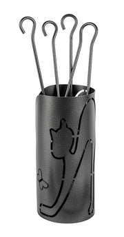 Trespolo per Attrezzi Camino Cilindrico Sagoma Gatto con Paletta Scopino Attizzino e Pinza Ø15,2x62 cm in Ferro